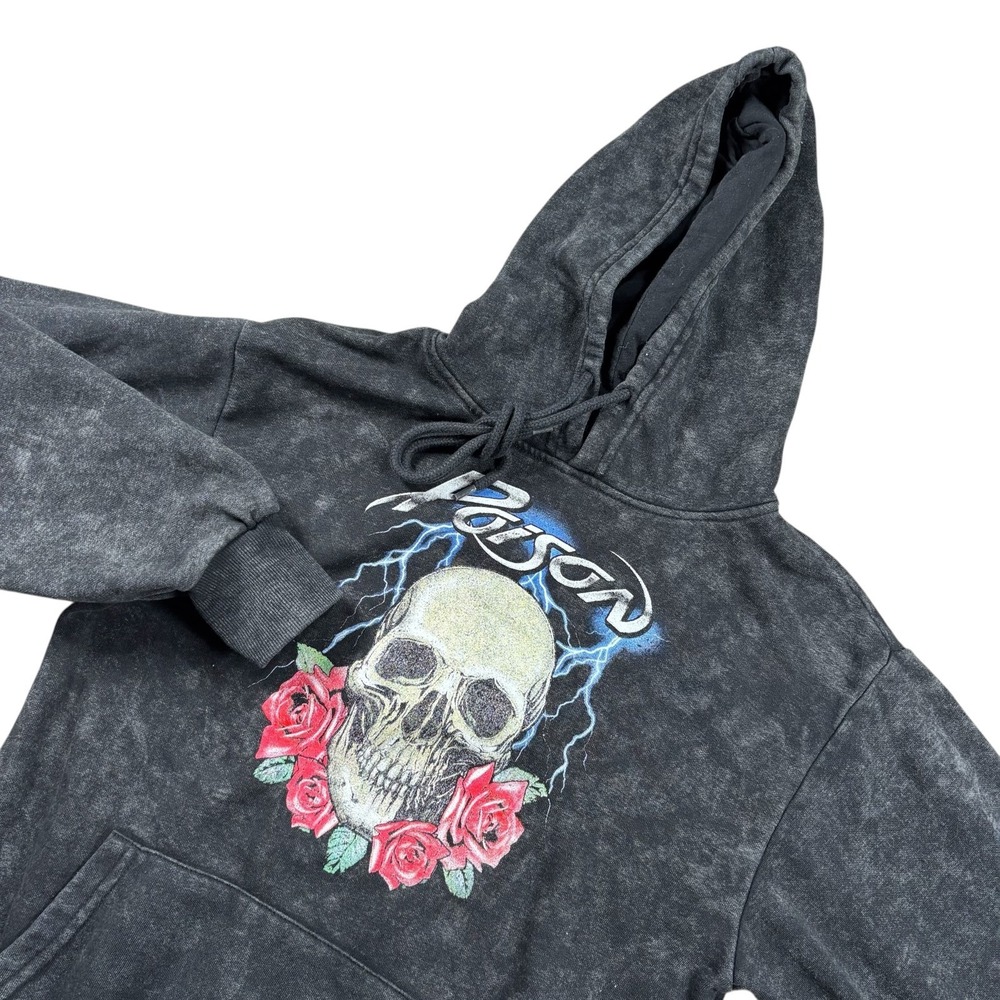 Poison Womens Black Hooded Sweatshirt Skull Acidwash Glam Metal Hoodie Sz‎ XS